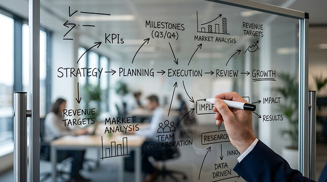 Business professional drawing a strategy flowchart on a glass board in a modern office setting.