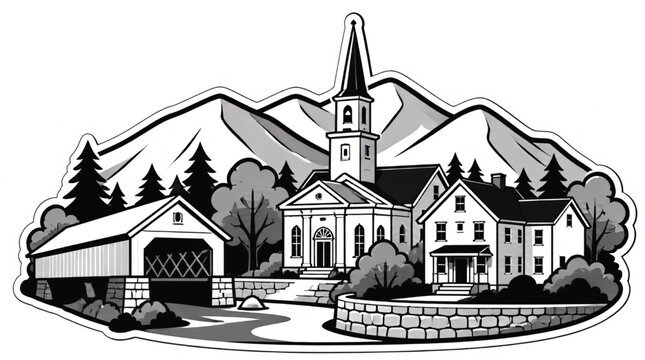 Black and White Illustration of a Covered Bridge in a Forest Setting