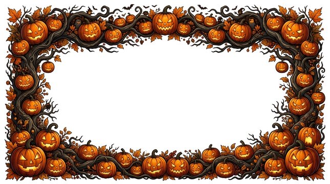 Spooky Halloween Pumpkin Decorative Border On White Background