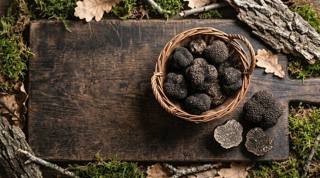 Black Truffles on Wooden Board: A rustic still life arrangement showcasing a woven basket overflowing with earthy black truffles, alongside a few sliced truffles on a weathered wooden cutting board.
