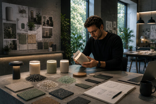 Designer Inspecting Eco Construction Sample Piece In Modern Studio