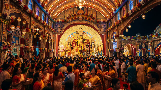 Crowd celebrating Durga Puja festival inside a decorated pandal with Goddess Durga idol