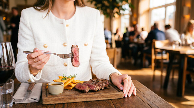 A Culinary Delight: A woman elegantly enjoys a perfectly cooked steak with golden fries and dipping sauce in a chic restaurant setting, a glass of red wine completing the luxurious experience.