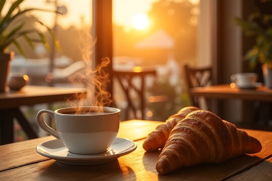 Buongiorno mit Kaffee und Croissant im warmen Morgenlicht