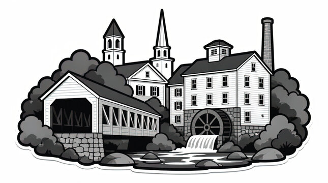 Black and White Illustration of a Covered Bridge with Smoke or Fog