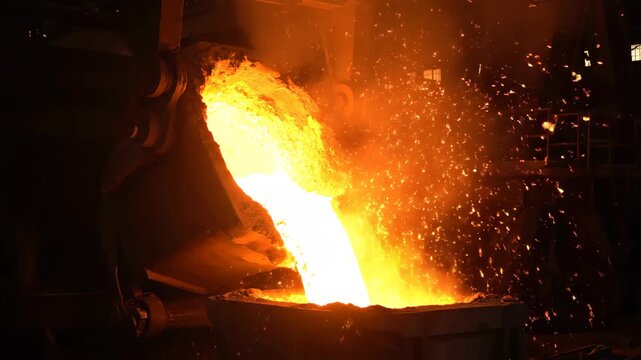 Factory steel casting scene, steel plant molten steel dumping scene