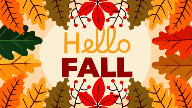 Warm autumn themed animated background featuring colorful fall leaves, berries, and seasonal foliage framing a Hello Fall message