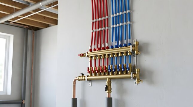 Hydronic heating system manifold with numerous red and blue PEX pipes attached to brass valves and gauge mounted on white interior wall for climate control.