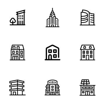 set of houses building icons vector design, house, icon, building, home, vector, architecture, city, estate, illustration, set, symbol, design, urban, town, real, roof, silhouette, construction, hotel