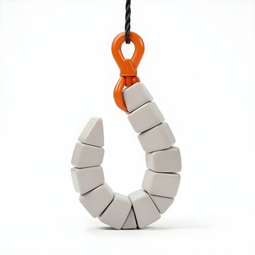  3D Industrial Crane Lifting Grey Segmented Blocks Forming Hook Shape &mdash; Isolated on White