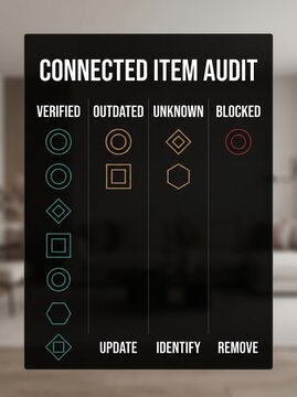 Home network security audit checklist interface featuring connected item status indicators for smart home vulnerability scanning and device monitoring