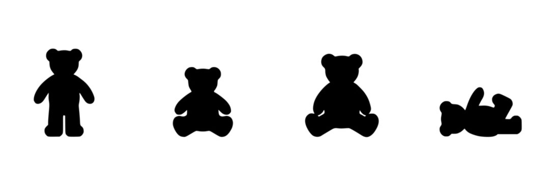 Teddy Bears in Different Poses, Including Standing, Sitting, and Lying Down, as Black Silhouettes Featuring Bear, Silhouette, Toy
