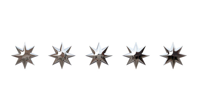 Row of Five Shiny Chrome Star Studs Isolated on White Background
