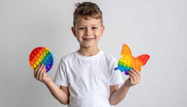Child holding round and butterfly pop it toys
