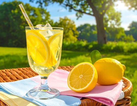 Refreshing glass of lemonade with ice and lemon slices outdoors on a sunny summer day.