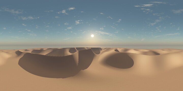 sandy desert. Environment map. HDRI map. Equirectangular projection. Spherical panorama. landscape  3D rendering.
