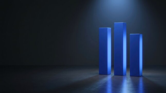 Blue Bar Chart on Dark Background: A minimalistic 3D rendering of three blue vertical bars representing data, illuminated by a spotlight against a dark, atmospheric backdrop.