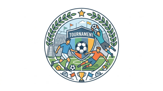 Colorful Soccer Tournament Emblem with Players and Trophies.