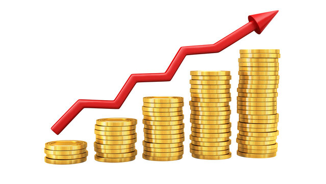 Financial growth concept with stacks of gold coins and red rising arrow isolated on white background