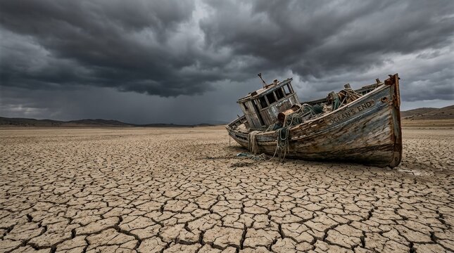 Shipwrecked on Arid Land: A derelict wooden ship lies stranded on a parched, cracked earth landscape under a dramatic, stormy sky, symbolizing desolation and the harshness of environmental change.