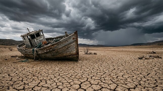 Sunken Dreams: An abandoned, weathered boat rests on a parched, cracked earth landscape, beneath a dramatic sky filled with ominous storm clouds, evoking a sense of desolation and hardship.