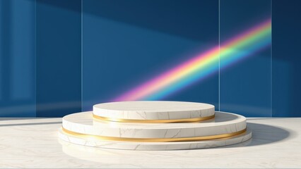 Obraz premium Minimalist stage setup. White marble platforms with gold accents. Dramatic lighting creates rainbow effect. Clean presentation space.
