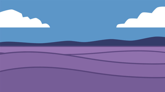 Flat vector landscape with purple lavender fields and clouds lavender peaceful