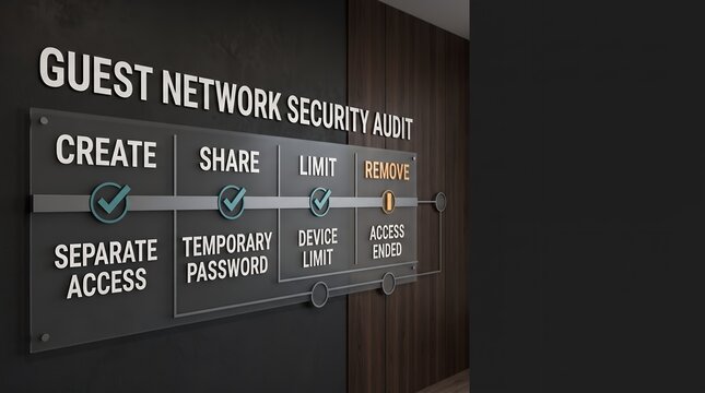 Home network security audit checklist visualization showing guest network configuration steps on a dark professional dashboard for smart home owners