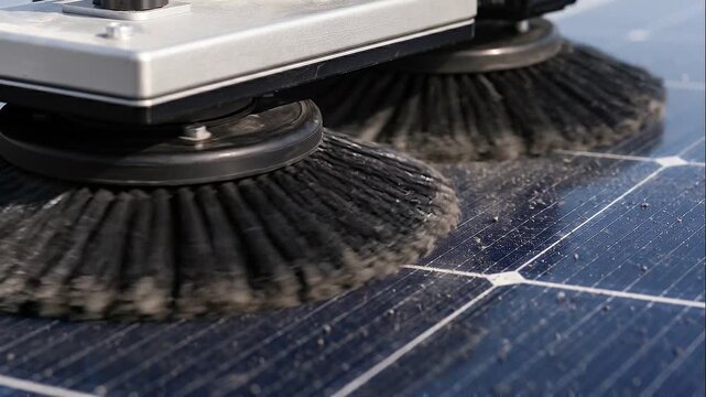 Solar panel cleaning maintenance operations with brush, surface dust removal, efficient energy production, SEO friendly service URL title