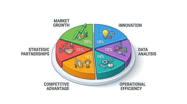 Isometric circular business strategy pie chart segmented into six distinct colorful corporate