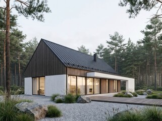 Obraz premium Modern cabin home exterior nestled in a lush pine forest with gravel landscaping