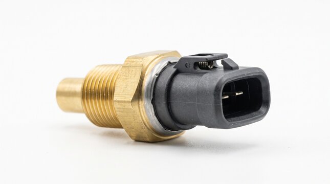 Automotive coolant temperature sensor connector close-up. Engine thermostat plug for vehicle diagnostics and repair.