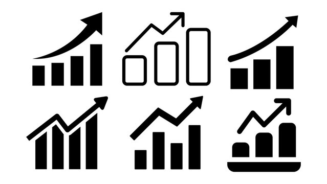 Business Growth Chart Icon Set, Financial Bar Graph with Upward Arrow Isolated on White Background