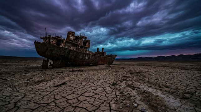 The Wreck of the Aral Sea: A desolate and eerie scene unfolds as a rusted shipwreck rests on the cracked, dry earth of what was once a thriving sea, under a dramatic, stormy sky.