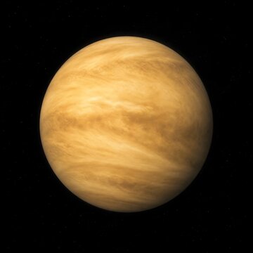 Detailed close up view of planet venus showing thick golden cloud atmosphere swirling in dark outer space of solar system
