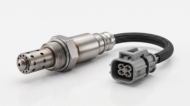Automotive oxygen sensor with connector cable. O2 lambda probe for engine emission control and fuel efficiency tuning.