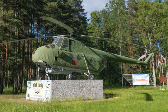 GLEBYCHEVO, RUSSIA - JUNE 19, 2026: The Mi-4 is the first military transport helicopter of the Armed Forces of the Soviet Union. Monument in the village of Glebychevo, Leningrad region