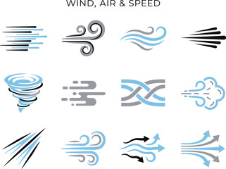 Fototapeta premium Dynamic Wind Air Flow and Speed Vector Icons Set Blue and Grey Breeze Gust Swirl and Weather Graphic Elements for Aerodynamics Climate and Air Conditioning Concept Designs