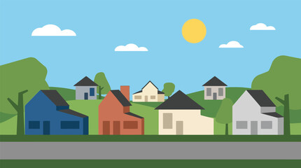 Fototapeta premium Suburban neighborhood street scene with colorful houses and clear blue sky