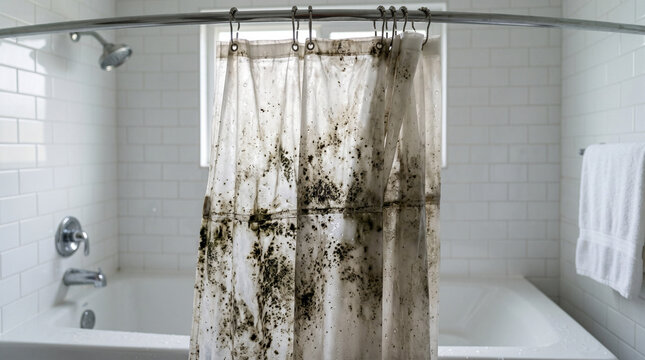 Dirty bathroom shower curtain with mold hanging in bathtub  