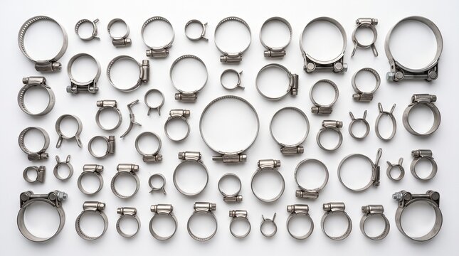Stainless steel automotive hose clamps arranged in grid pattern. Precision-engineered metal fasteners for secure hose connections in vehicles.
