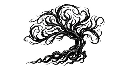 Fototapeta premium Stylized black and white illustration of a twisted spooky tree with gnarled branches.