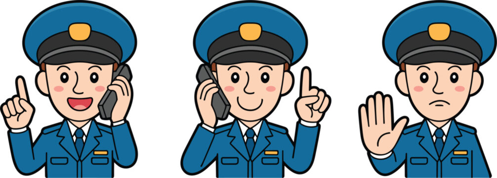 Police officer vector character set, male cop talking on phone and making hand stop gesture concept