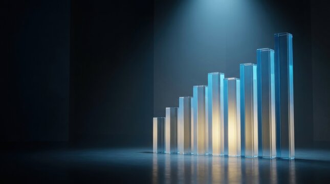 Glowing glass growth chart columns under dramatic spotlight in dark commercial space