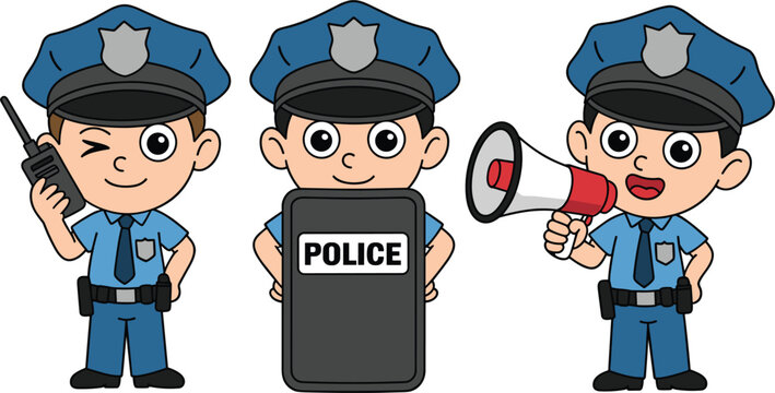 Police officer vector character set, male cop holding walkie talkie megaphone and riot shield control concept