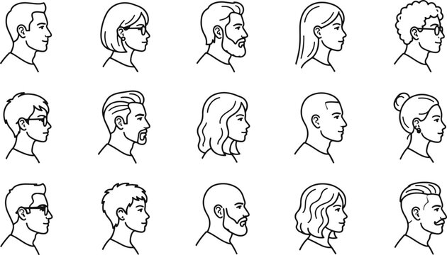 A collection of diverse human head profile illustrations showing various hairstyles and facial features in a simple line art style