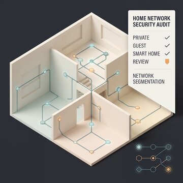 Home network security audit checklist for a smart home showing connected device segmentation and residential cybersecurity review panel with security assessment
