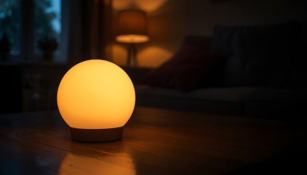 Glowing Table Lamp on Coffee Table in Dark Living Room at Evening, Cozy Home Interior with Warm Ambient Lighting Close Up