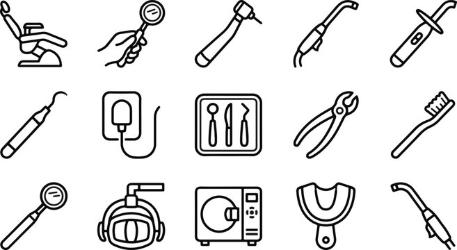 Set of dental icons representing various medical tools and equipment used in professional dentistry and oral health care