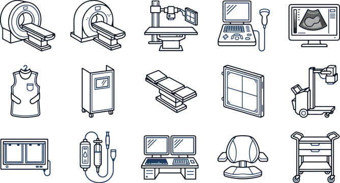 Set of various medical equipment icons representing hospital technology diagnostic tools and healthcare machinery for professional clinical use